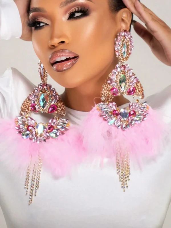 pink feather exaggerated earrings