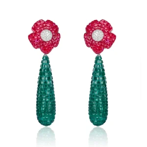 silver drop earring ruby emerald