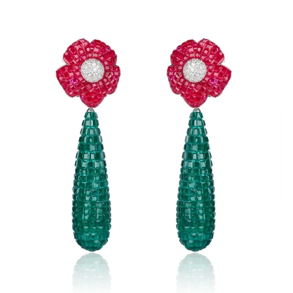 silver drop earring ruby emerald