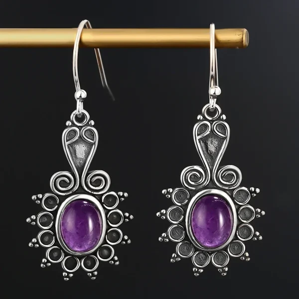 oval ethnic flower amethyst earrings