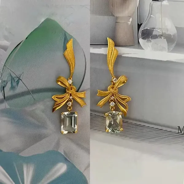 24K Color Gold Bow Square Stud Earrings