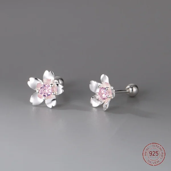 sterling silver pink sakura flower stud earrings